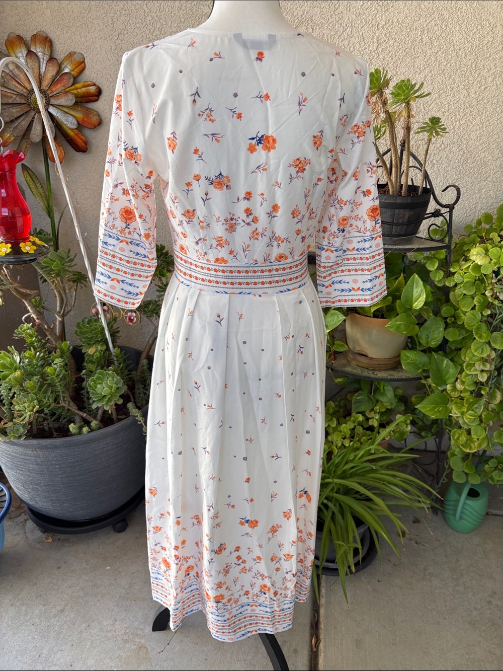 SHIEN Off White Floral Embroidered Midi Dress - Orange & Blue Accents - Picture 4 of 7